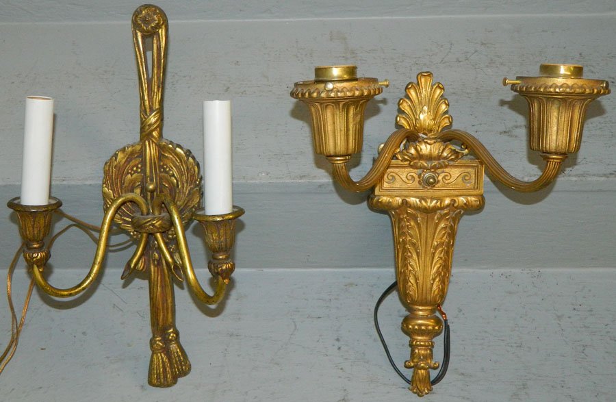 2 gold bronze French sconces.: 2 gilded bronze French sconces. 12" and 14" long