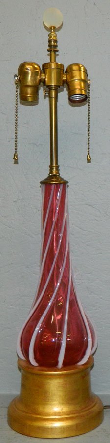 Art glass cranberry and white swirled glass vase (1 of 2)