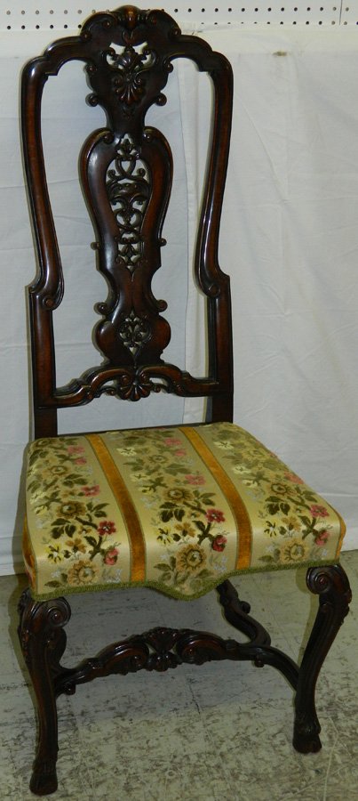 Queen Anne carved hoof foot highback side chair: Queen Anne carved flat hoof foot high back side chair. 47" tall.