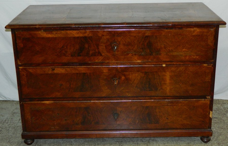 3 drawer French burl walnut commode.: 3 drawer French burl walnut commode. 52" long x 2" deep x 33" tall.