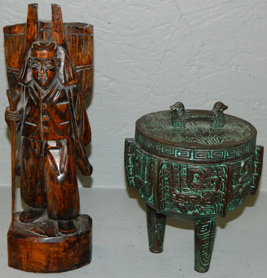 Covered incense burner and carved: Covered incense burner and carved 10" figure