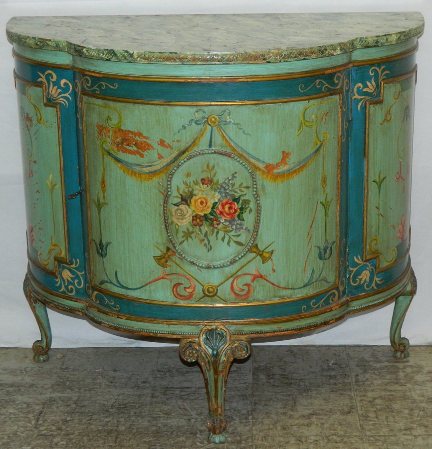 Paint decorated French commode.: Paint decorated French commode. 36" long x 18 1/2" deep x 32 1/4" tall.