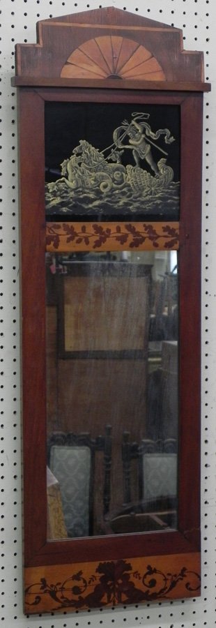 Edwardian inlaid sunburst trumeau style mirror.: Antique Edwardian inlaid trumeau style mirror with sunburst top. 14 3/4" wide x 45 3/4" tall.