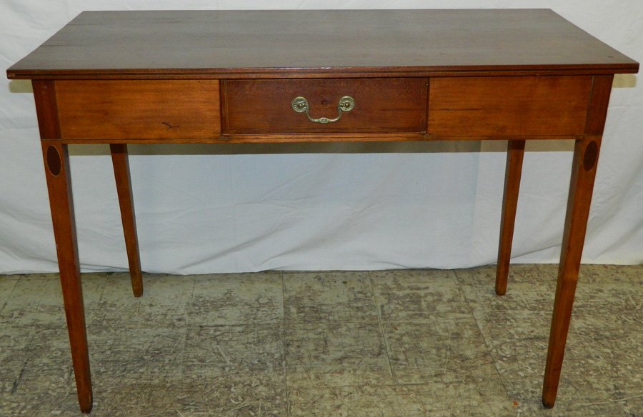 Mahog. Hepplewhite tapered leg 1 drawer stand.: Mahogany Hepplewhite tapered leg single drawer stand. 40 1/2" long x 19" deep x 27 3/4" tall.