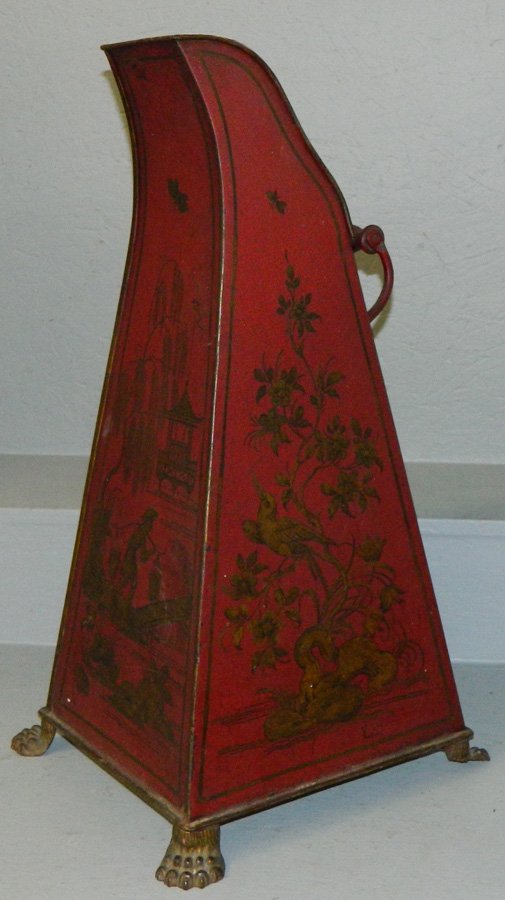 Tole painted Chinoiserie coal ash bucket.: Tole painted Chinoiserie style fireplace coal ash bucket. 24 1/2" tall.