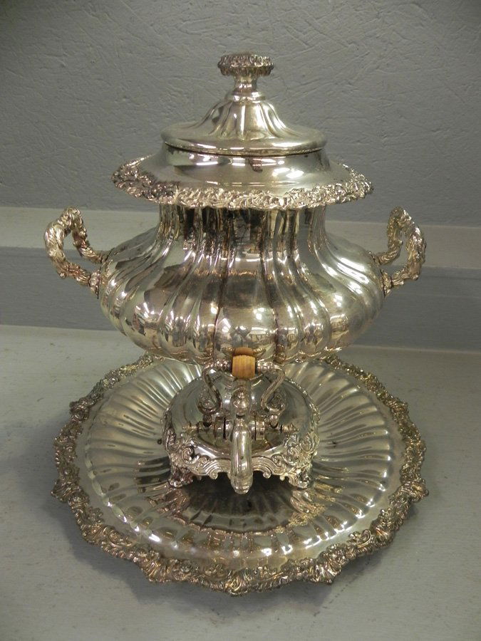 Antique Sheffield tea urn with under plate. 16' tall. (1 of 1)