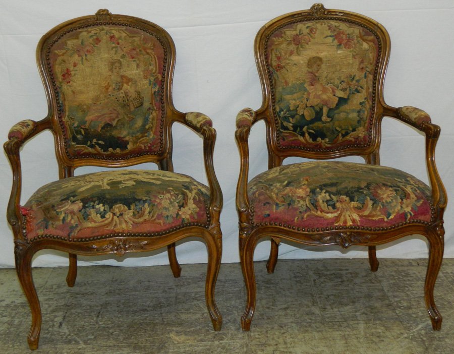 Pair of 19th C. Louis XV Aubusson fauteuils.: Pair of 19th C. Louis XV Aubusson fauteuils. 36" tall.