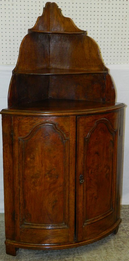 3 tier walnut bow front standing corner cupboard (1 of 3)