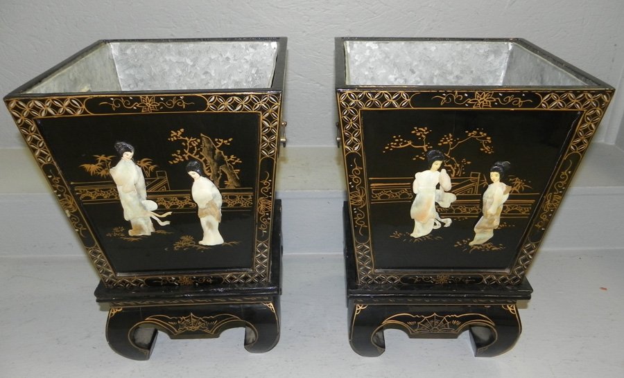 Pr lacquer & mother of pearl inlaid wine coolers: Pair of lacquer and mother of pearl inlaid wine coolers. 17 3/4" tall.