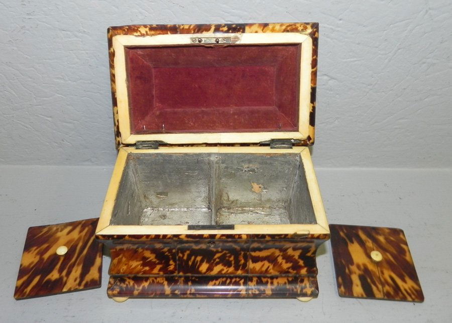 Faux tortoise tea caddy with fittings. (1 of 3)