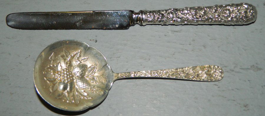 Sterl Kirk & Sons Rep spoon & sterl handled knife. (1 of 1)