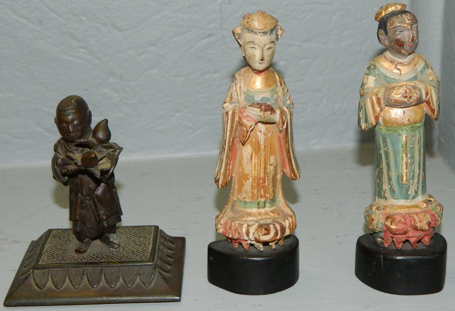 2 Chinese carved figures & bronze fruit carrier figure. (1 of 1)