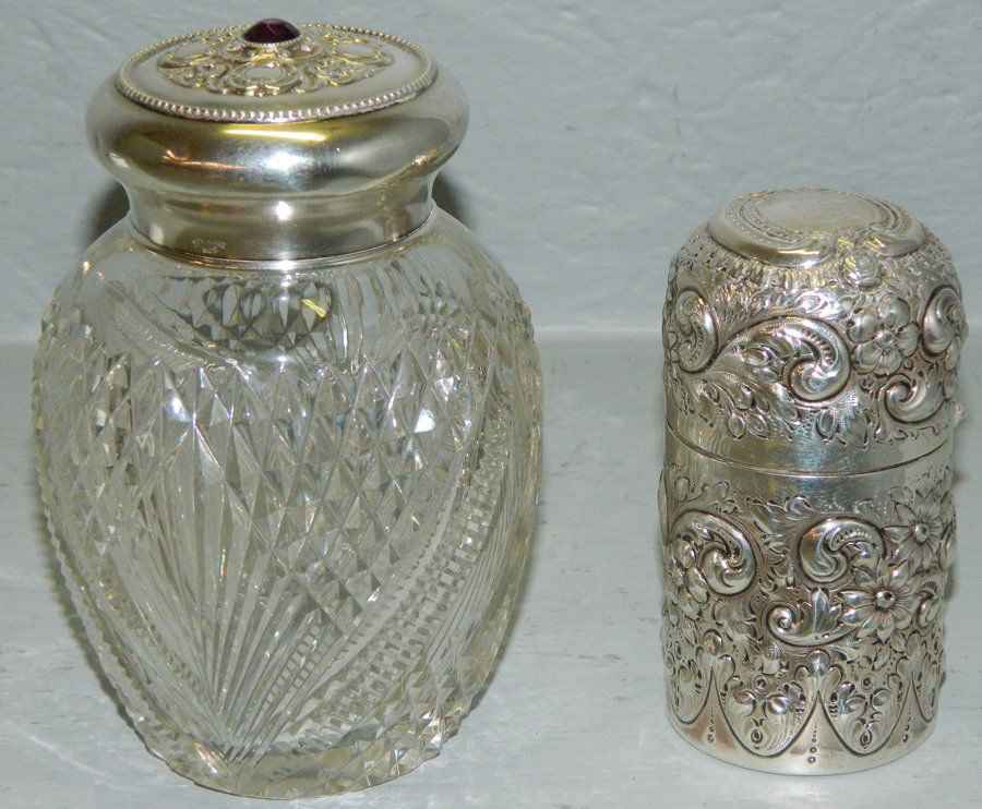 Cut glass vanity jar w sterl top & sterling canister. (1 of 2)