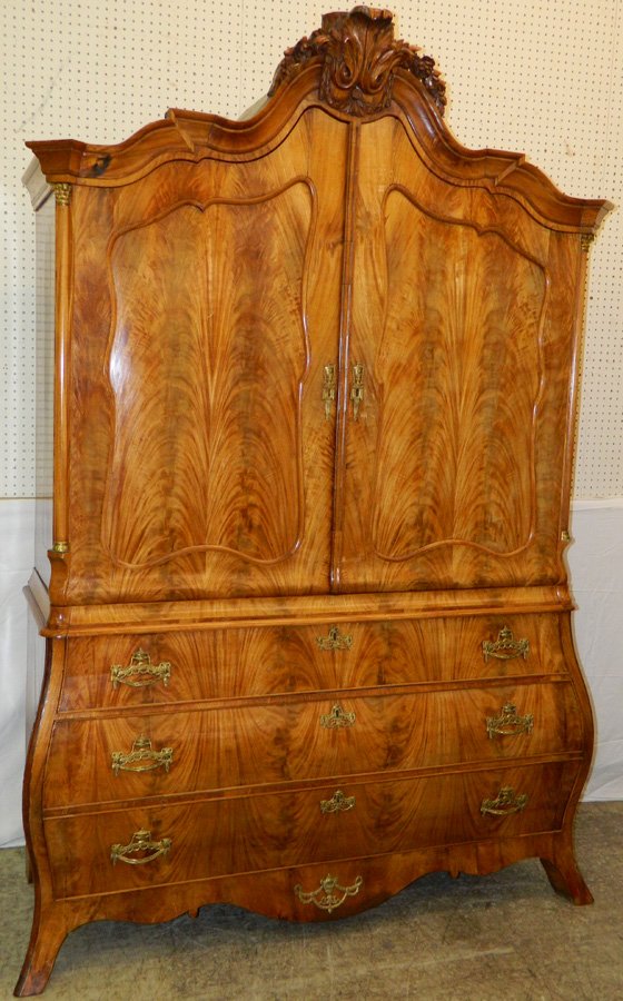 Dutch bombay bleach walnut shaped linen press.: Dutch bombay shaped bleach walnut linen press. 64" wide x 23" deep x 92" tall.