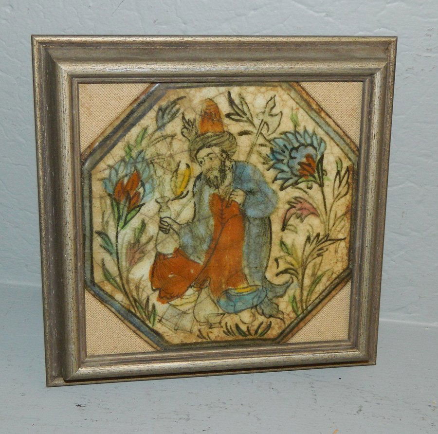 Framed Middle Eastern antique tile.: Framed Middle Eastern antique tile. 9 1/2" square.