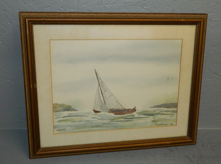 C. Flip Hicks '73 watercolor of sailboat scene.: C. Flip Hicks '73 watercolor of sailboat scene. 13 1/4" x 16 1/4".