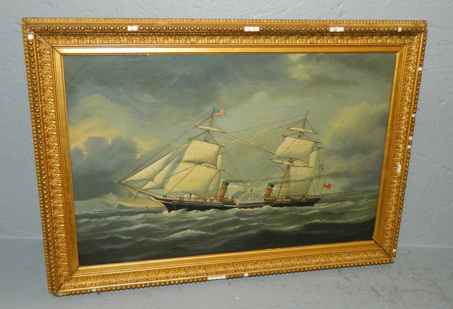 Steamboat with Union Jack flag Oil on canvas,: Steamboat with Union Jack flag Oil on canvas, unsigned. 15" x 21 1/4". Craquelure to paint.
