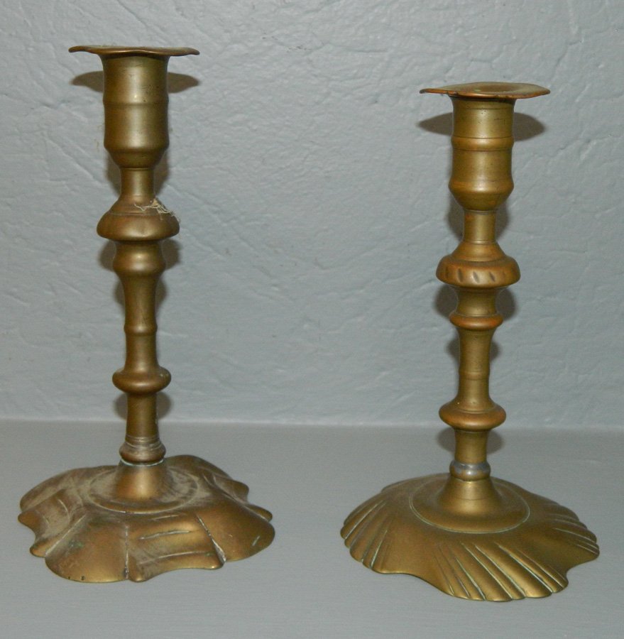 2 18th C. brass Queen Anne odd candlesticks..: 2 18th C. brass Queen Anne odd candlesticks. 7 1/2" tall.