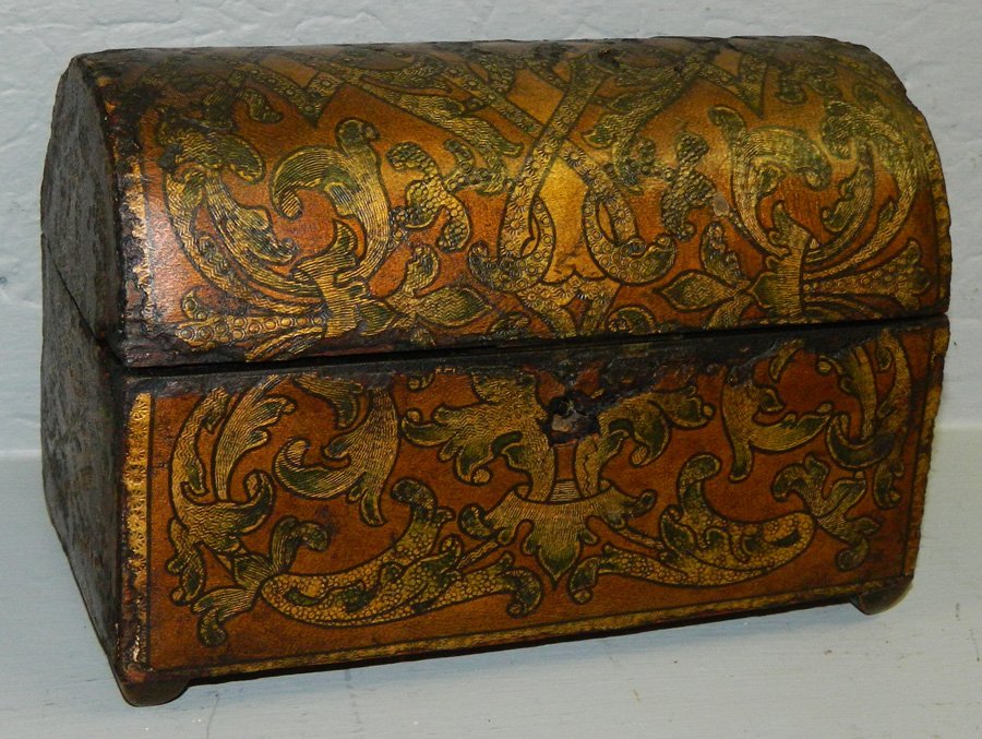 Tooled Leather covered dome top box.: Tooled Leather covered dome top box. 8" x 5".
