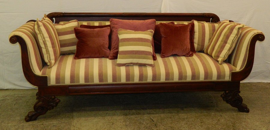 Mahogany claw foot Empire antique sofa: Carved claw foot Empire antique mahogany sofa from Raleigh estate. 89" long