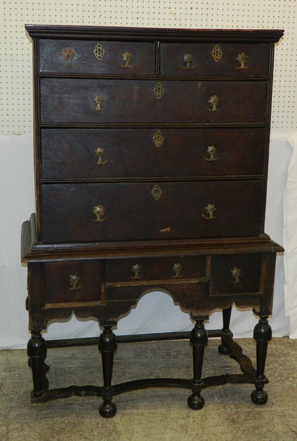 18th C William and Mary English oak highboy: 18th C William and Mary English oak highboy from Gloucester estate in "as found" condition. 38" long x 23" deep x 61 1/2" tall.