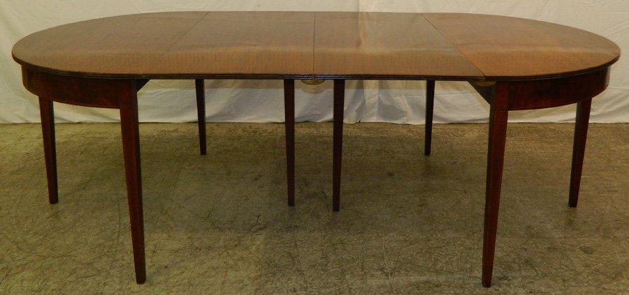Hepplewhite D-end mahogany banquet table.: Hepplewhite D-end mahogany banquet table. 92 3/4" long x 47 1/4" wide x 2 3/4" tall.