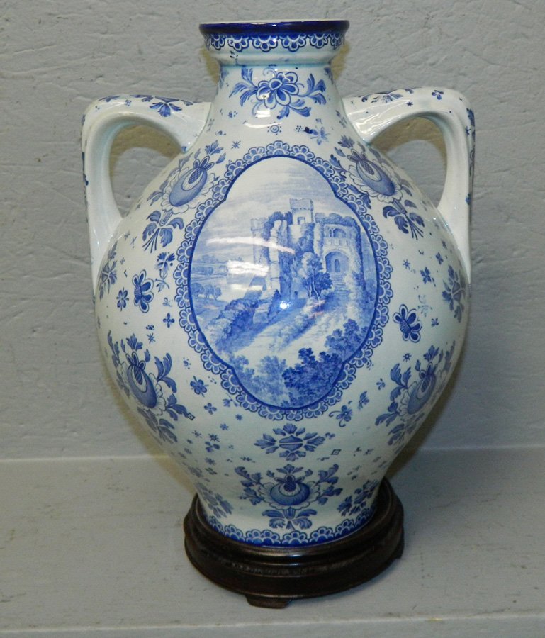 Royal Bonn blue & white 2 handle vase on stand.: Royal Bonn blue and White 2 handle vase on stand. 13" tall.