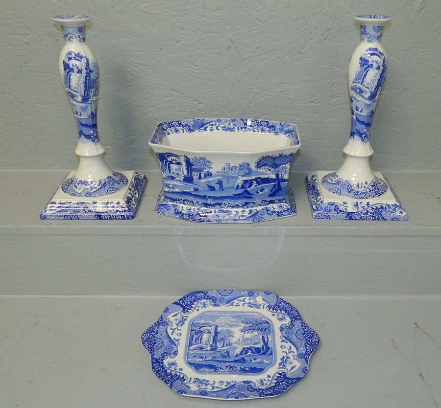 Set Spode candlesticks and center bowl w/plate.: 4 pc. set Spode Italian pattern candlesticks and matching center bowl with under plate. 12 3/4" candlesticks.