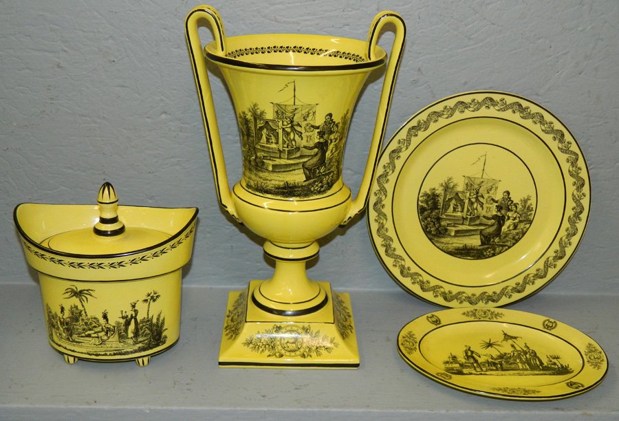 Mottahedeh design plate, platter, sugar and urn.: Mottahedeh design plate, platter, covered sugar and 14" tall urn.