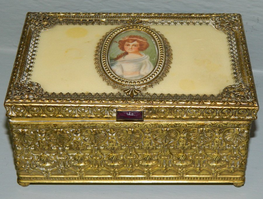 19th C. Gilt bronze box with hand painted accent (1 of 3)