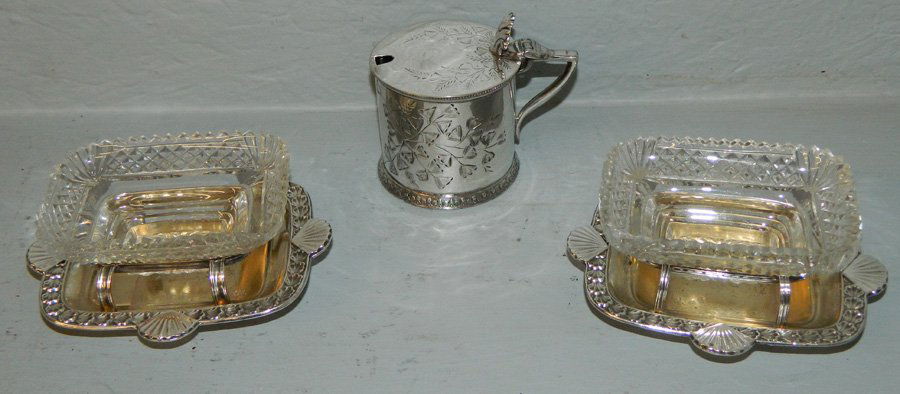 2 cut glass & silver plate salts and mustard pot (1 of 2)