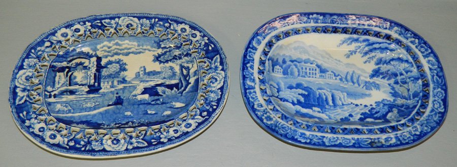 Pr. blue Staffordshire Riley transfer retic. platters: Pair of blue Staffordshire Riley transfer reticulated platters. 7 1/2" x 10".