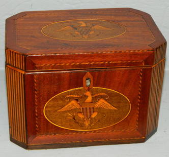 19th C. Full eagle spread inlay fitted tea caddy: 19th C. Full eagle spread inlay tea caddy with fitted interior. 7" wide 4 3/4" deep x 4 3/4" tall.