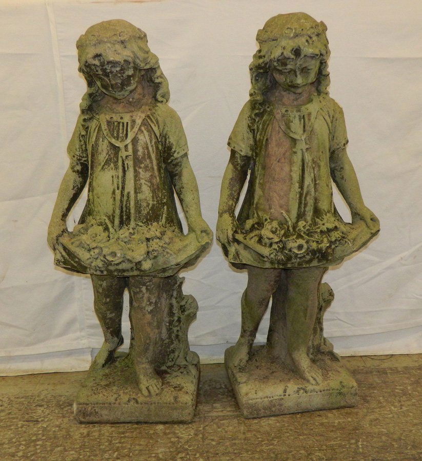 Pair of antique garden statues of flower girls. (1 of 2)