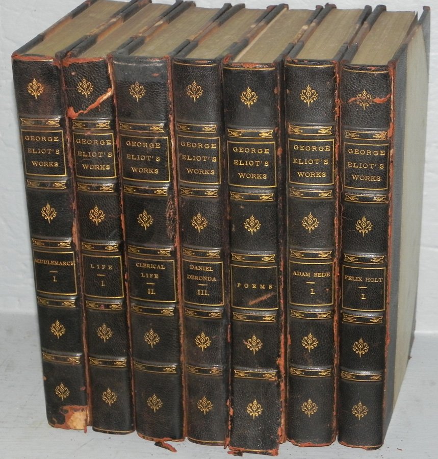 Set of 7 George Elliot leather-bound books.: Set of 7 volumes of Works of George Elliot. As is.