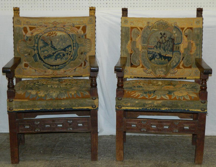 Pr. 18th C walnut  Italian needlepoint arm chairs. (1 of 2)