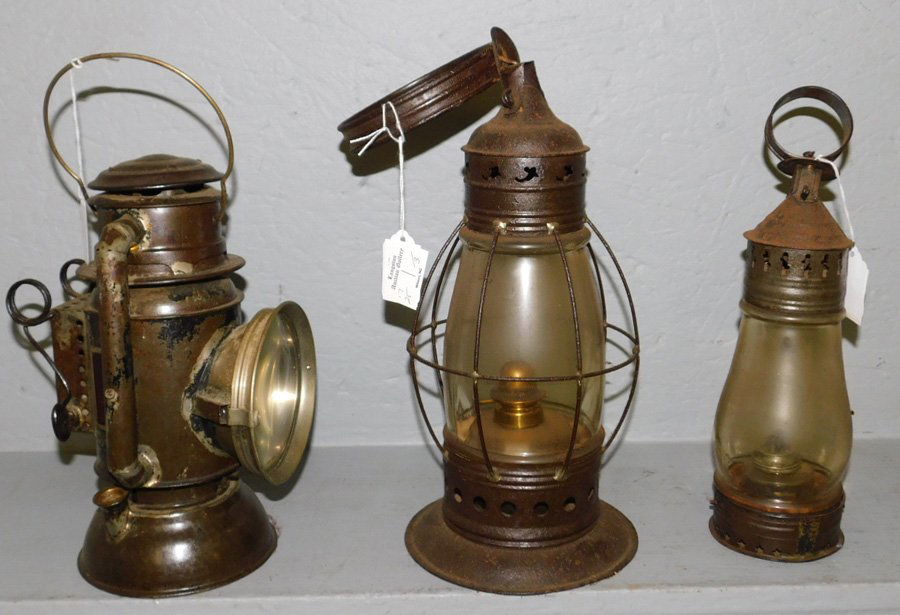 2 early lanterns and a miners' lamp. To 17" tall. (1 of 1)