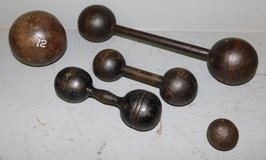 3 ant dumbbells, #12 cannonball, & sm artillery ball. (1 of 1)