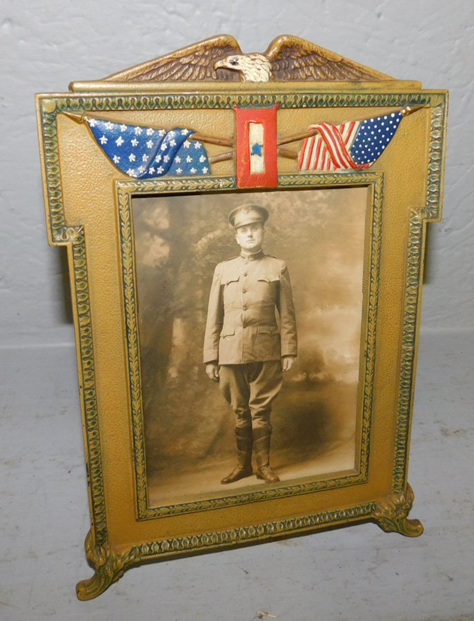WWI brass framed military photo with flag décor. (1 of 2)