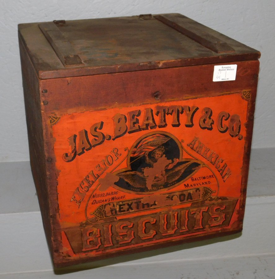 Antique James Beatty Biscuit box. 14" x 14" (1 of 2)