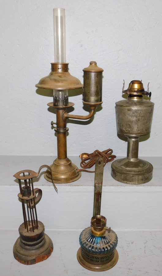 Tin lamp, candle lamp, student lamp & bl glass font. (1 of 1)