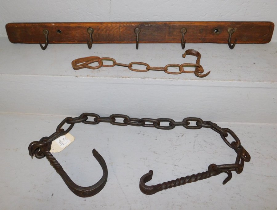 2 wrought iron pot chains and wood & iron pot rack. (1 of 1)