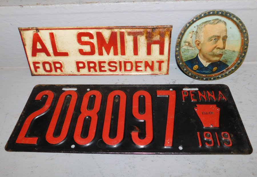Tin nautical plate, sign & PA license tag.: Tin nautical plate, 1928 Al Smith For President sign and 16" 1919 PA license tag.