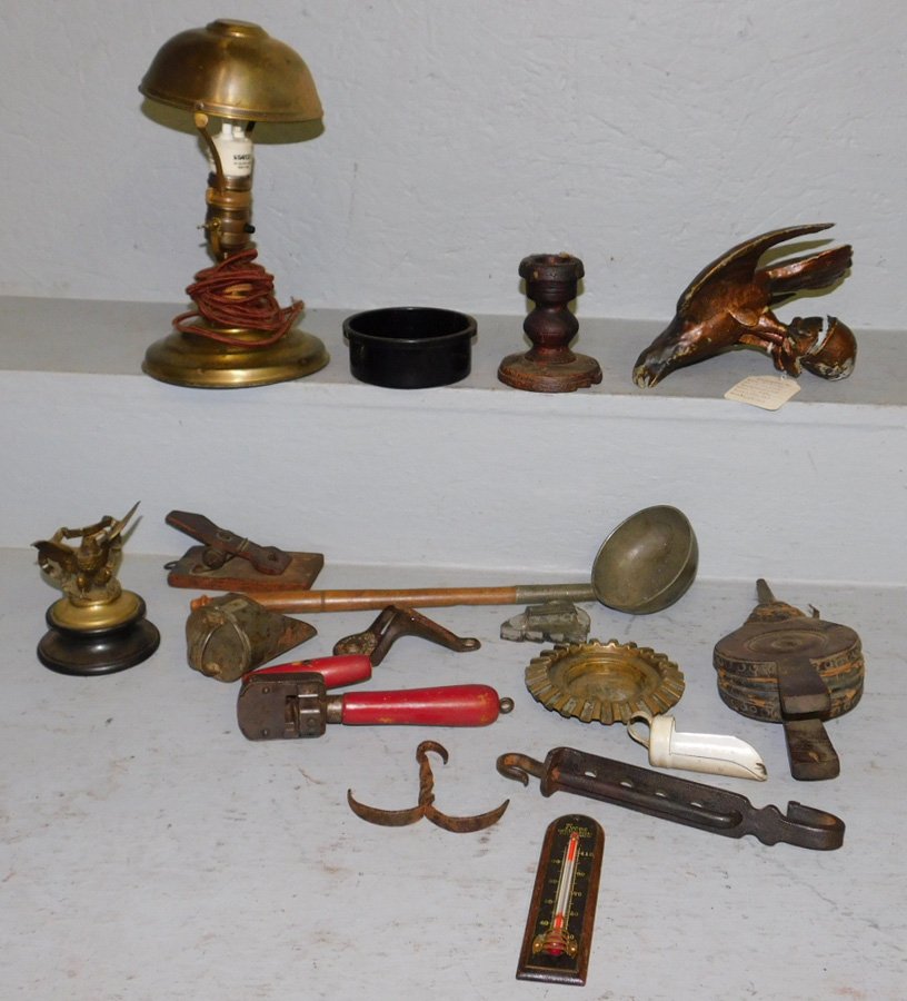 Eagle figure, bellows, can opener & 9 iron items. (1 of 1)