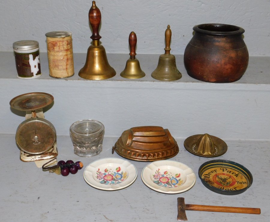 Coll. of brass bells, reamers, molds & kitchen scale (1 of 1)