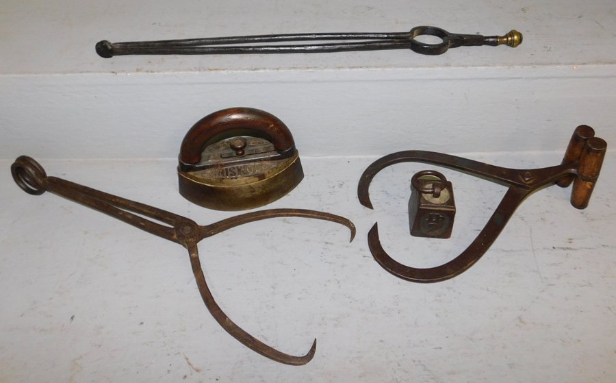 Flat iron scale weight, 2 ice tongs & 2 fireplace (1 of 1)