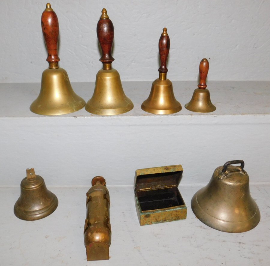 6 Brass bells, mini 7" tall fire exting. & brass box. (1 of 1)
