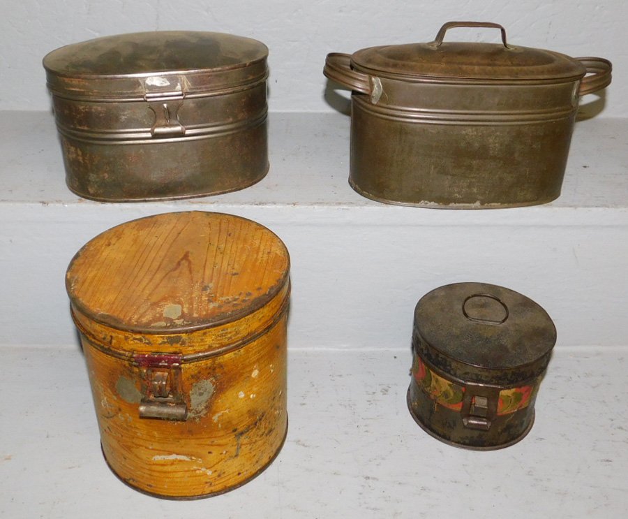 4 early tin lunch pails and buckets. To 6" tall. (1 of 1)