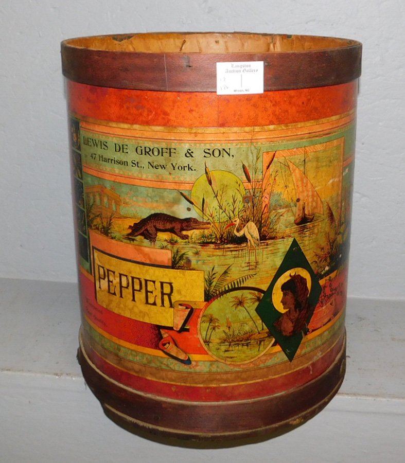 Ant. Lewis De Groff & Son cayenne pepper barrel: Large Antique composition Lewis De Groff & Son cayenne pepper barrel. 13 1/2" tall.