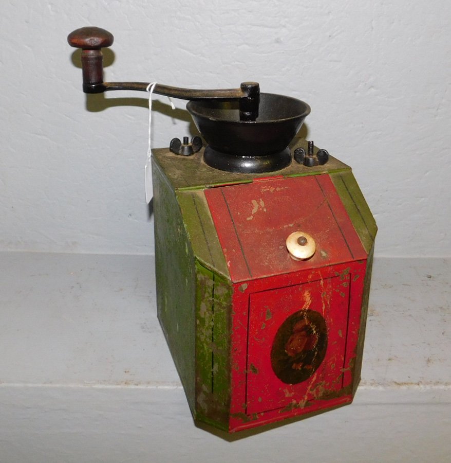 Painted Tin and iron coffee mill. 11" tall. (1 of 1)